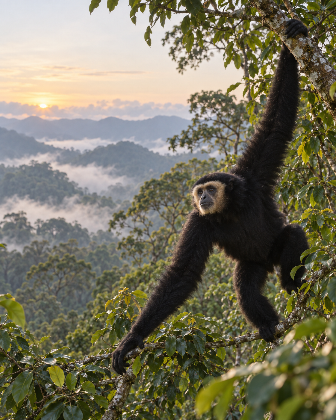 Illustrative portrait of a Hainan gibbon in rainforest habitat