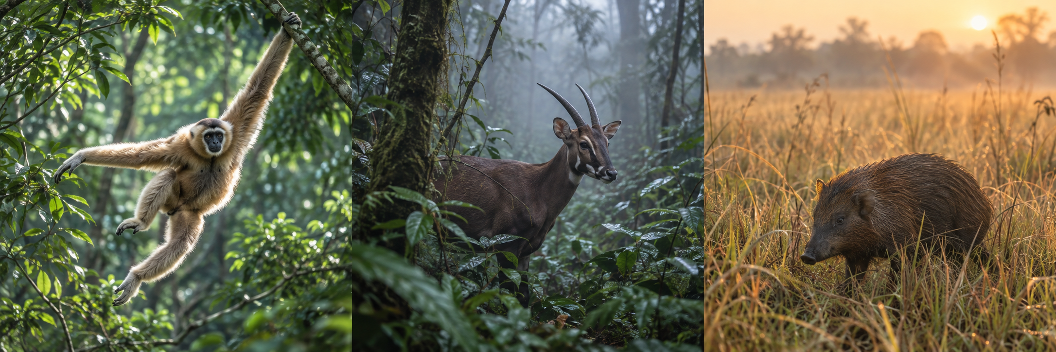 Hainan gibbon, saola and pygmy hog in their wild habitats